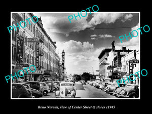 OLD LARGE HISTORIC PHOTO OF RENO NEVADA, VIEW OF CENTER ST & STORES c1945