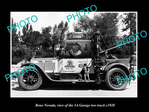 OLD LARGE HISTORIC PHOTO OF RENO NEVADA, THE 3A GARAGE TOW TRUCK c1920