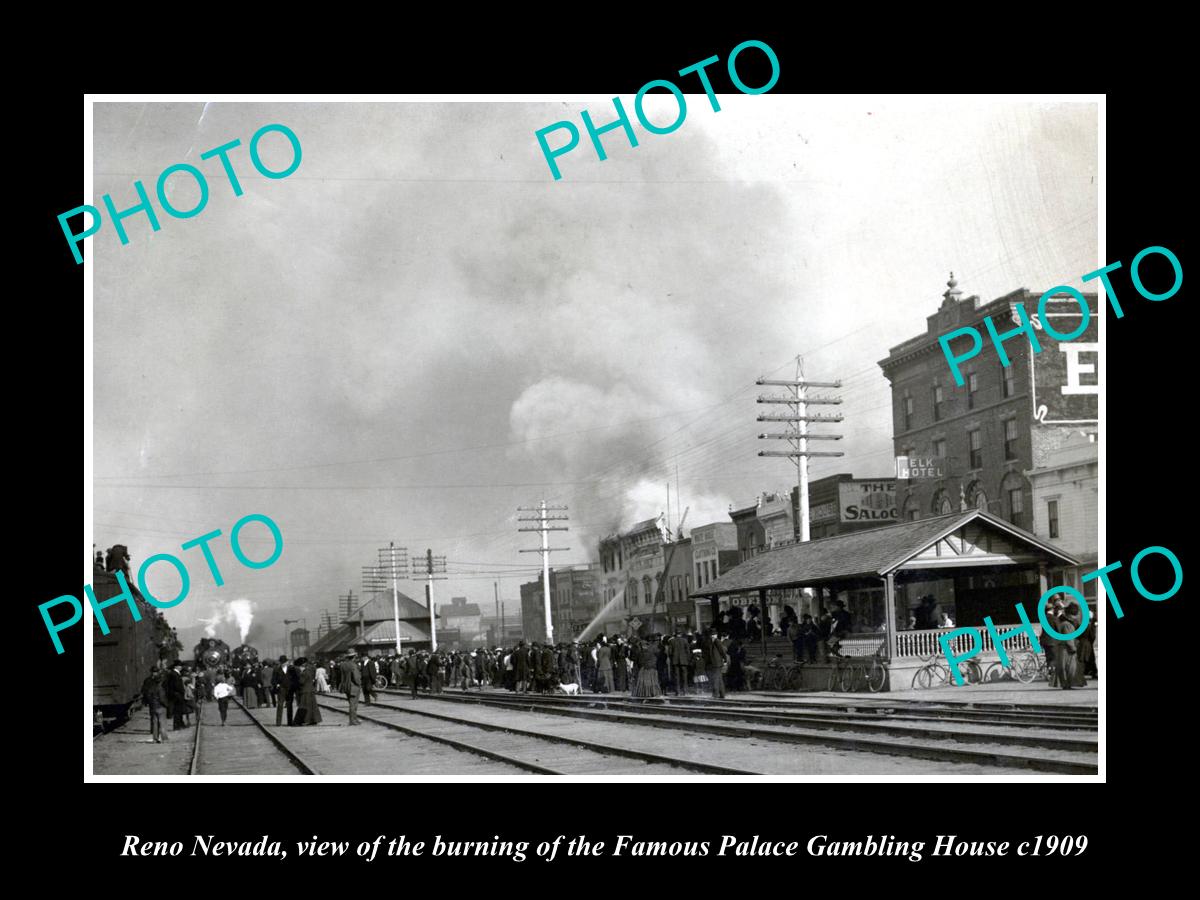 OLD LARGE HISTORIC PHOTO OF RENO NEVADA, THE PALACE GAMBLING HOUSE FIRE c1909