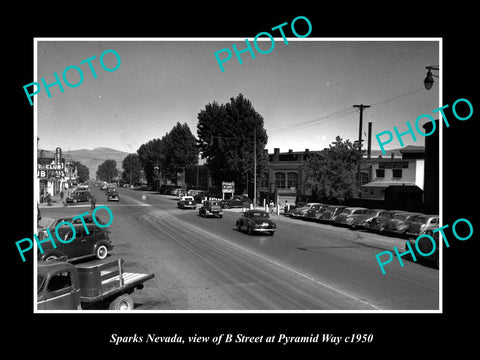 OLD LARGE HISTORIC PHOTO OF SPARKS NEVADA, VIEW OF B STREET & STORES c1950