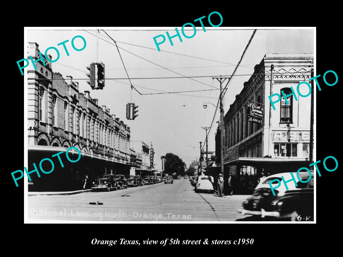 OLD LARGE HISTORIC PHOTO OF ORANGE TEXAS, VIEW OF 5th STREET & STORES c1950