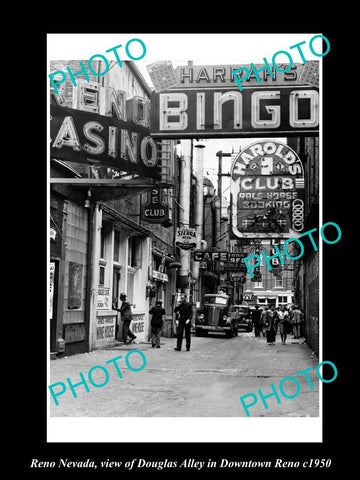 OLD LARGE HISTORIC PHOTO OF RENO NEVADA, VIEW OF DOUGLAS ALLEY c1950