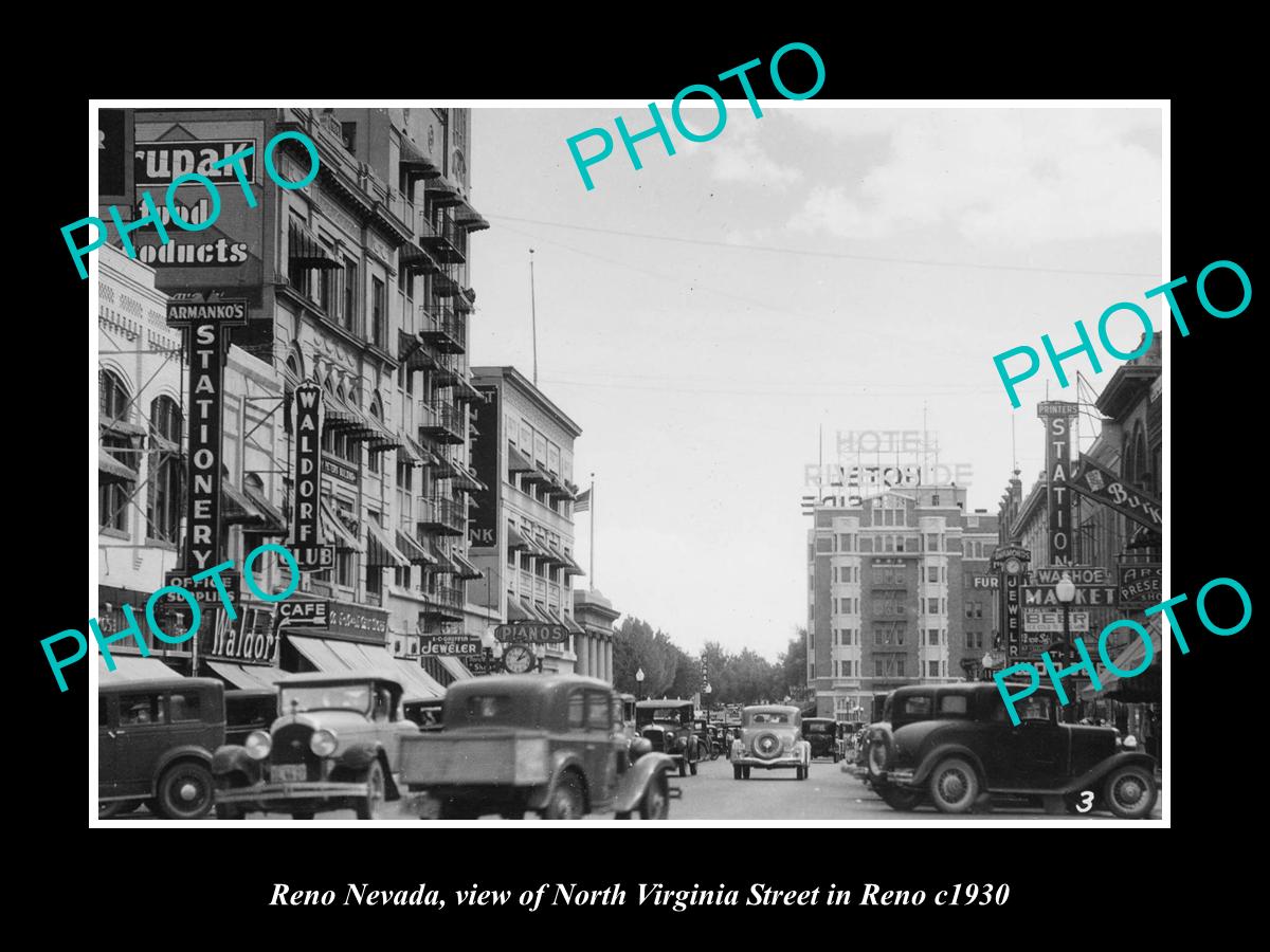 OLD LARGE HISTORIC PHOTO OF RENO NEVADA, VIEW OF NORTH VIRIGINA STREET c1930