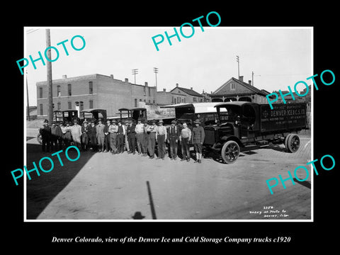 OLD LARGE HISTORIC PHOTO OF DENVER COLORADO, THE ICE & STORAGE Co TRUCKS c1920