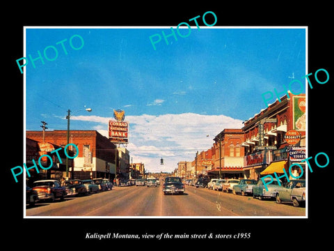 OLD LARGE HISTORIC PHOTO OF KALISPELL MONTANA, THE MAIN STREET & STORES c1955