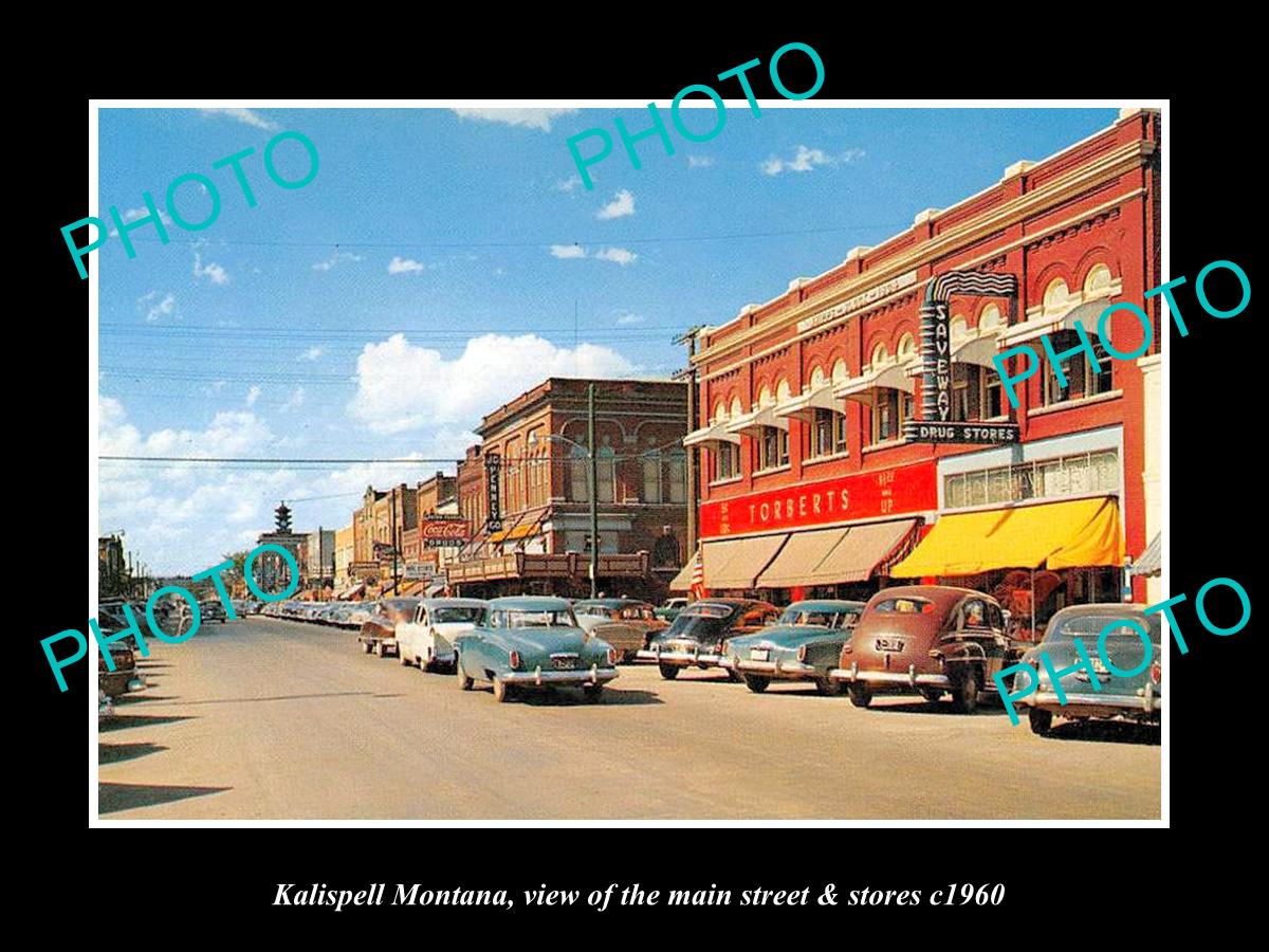 OLD LARGE HISTORIC PHOTO OF KALISPELL MONTANA, THE MAIN STREET & STORES c1960 1