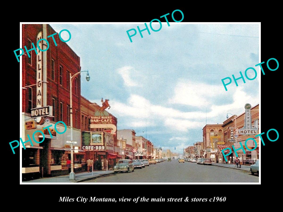 OLD LARGE HISTORIC PHOTO OF MILES CITY MONTANA, THE MAIN STREET & STORES c1960