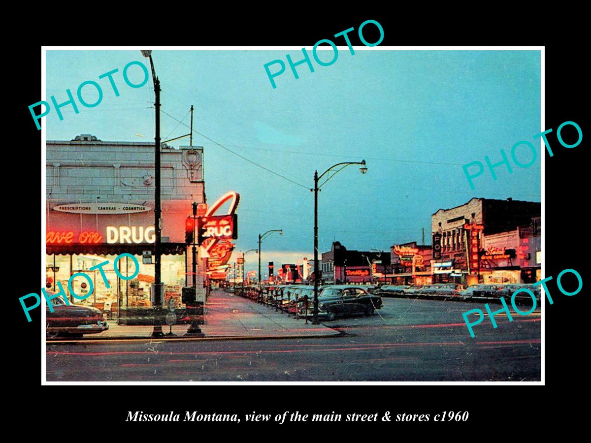 OLD LARGE HISTORIC PHOTO OF MISSOULA MONTANA, THE MAIN STREET & STORES c1960