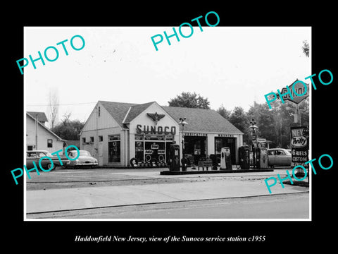 OLD LARGE HISTORIC PHOTO OF HADDONFIELD NEW JERSEY, THE SUNOCO GAS STATION c1955