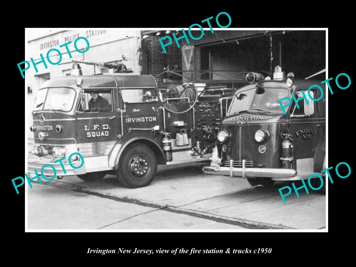 OLD LARGE HISTORIC PHOTO OF IRVINGTON NEW JERSEY, FIRE DEPARTMENT TRUCKS c1950