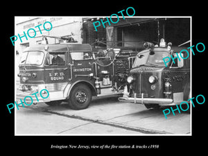 OLD LARGE HISTORIC PHOTO OF IRVINGTON NEW JERSEY, FIRE DEPARTMENT TRUCKS c1950