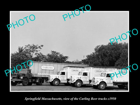 OLD LARGE HISTORIC PHOTO OF SPRINGFIELD MASSACHUSETTS CARLING BEER TRUCKS c1950