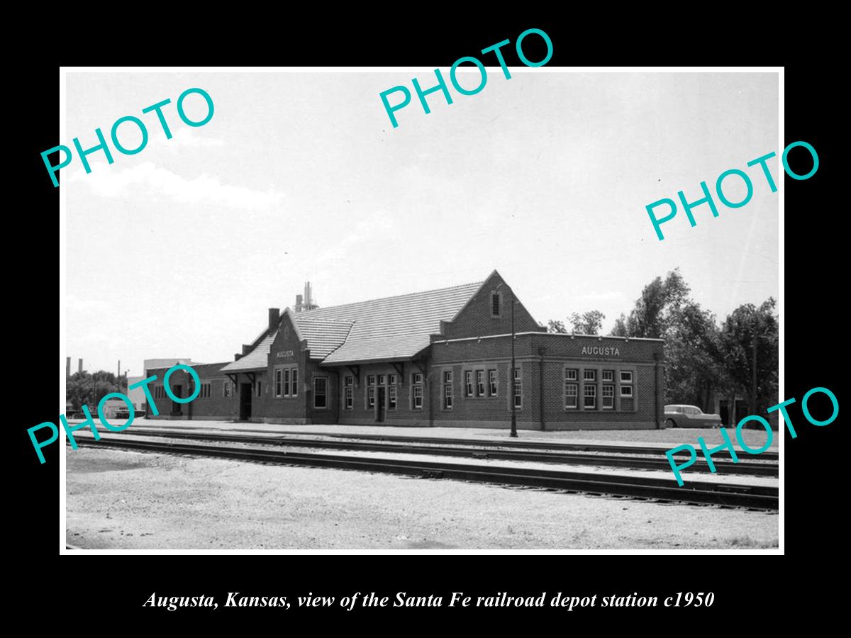 OLD LARGE HISTORIC PHOTO OF AUGUSTA KANSAS, THE SANTA FE RAILROAD DEPOT c1950