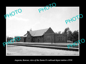 OLD LARGE HISTORIC PHOTO OF AUGUSTA KANSAS, THE SANTA FE RAILROAD DEPOT c1950