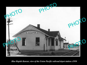 OLD LARGE HISTORIC PHOTO OF BLUE RAPIDS KANSAS, THE UNION RAILROAD DEPOT c1950