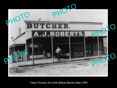 OLD LARGE HISTORIC PHOTO OF CLUNES VICTORIA, VIEW OF ROBERTS BUTCHR SHOP c1910