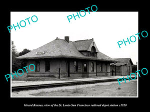 OLD LARGE HISTORIC PHOTO OF GIRARD KANSAS, THE SLSF RAILROAD DEPOT c1950