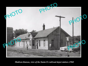 OLD LARGE HISTORIC PHOTO OF MADISON KANSAS, THE SANTA FE RAILROAD DEPOT c1960