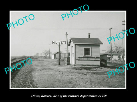 OLD LARGE HISTORIC PHOTO OF OLIVET KANSAS, THE RAILROAD DEPOT STATION c1950