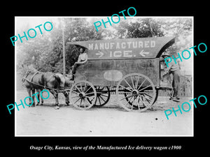 OLD LARGE HISTORIC PHOTO OF OSAGE CITY KANSAS, THE MANUFACTURED ICE WAGON c1900