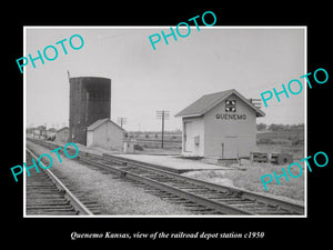 OLD LARGE HISTORIC PHOTO OF QUENEMO KANSAS, THE RAILROAD DEPOT STATION c1950