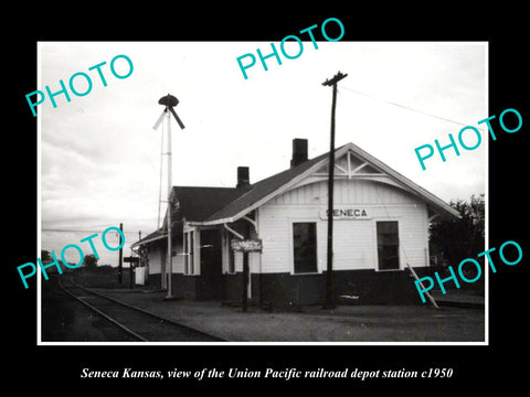 OLD LARGE HISTORIC PHOTO OF SENECA KANSAS, THE UNION RAILROAD DEPOT c1950