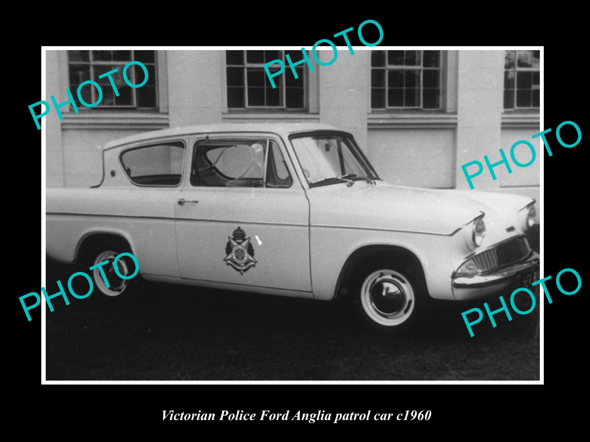 OLD LARGE HISTORIC AUSTRALIAN PHOTO OF VICTORIAN POLICE FORD ANGLIA CAR c1960