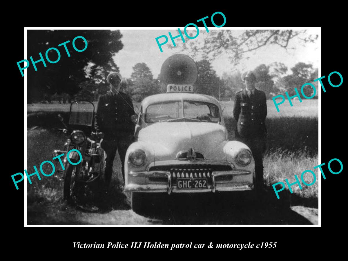 OLD LARGE HISTORIC AUSTRALIAN PHOTO OF VICTORIAN POLICE FJ HOLDEN & BIKE c1955