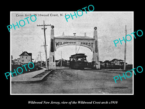 OLD LARGE HISTORIC PHOTO OF WILDWOOD NEW JERSEY, THE WILDWOOD CREST ARCH c1910