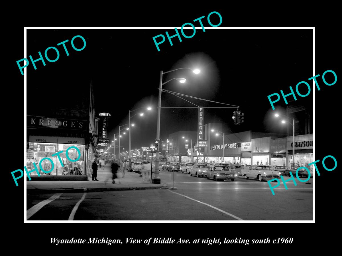 OLD HISTORIC PHOTO OF WYANDOTTE MICHIGAN, VIEW OF BIDDLE Ave & STORES c1960 2