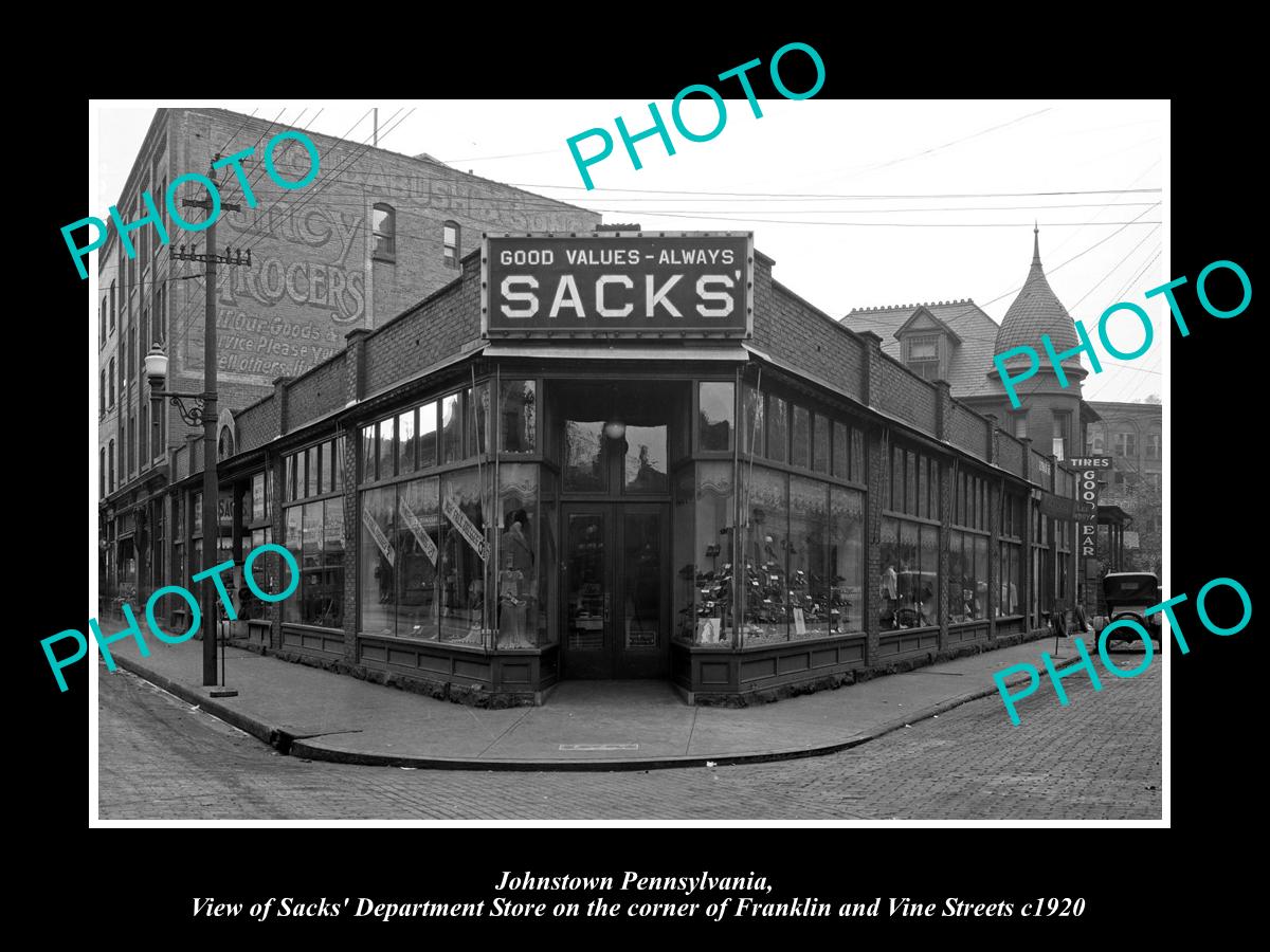 OLD LARGE HISTORIC PHOTO OF JOHNSTOWN PENNSYLVANIA, VIEW OF THE SACKS STORE 1920