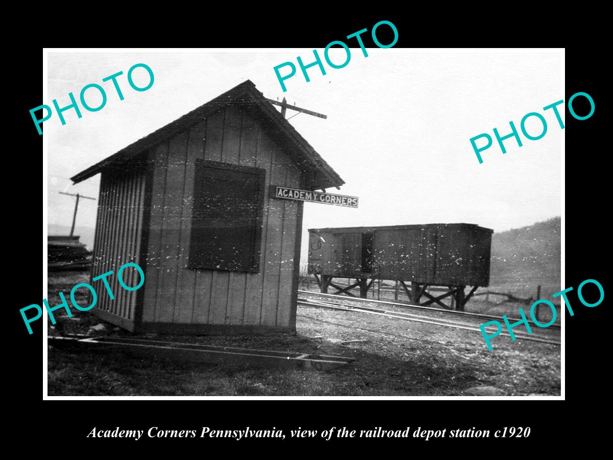 OLD LARGE HISTORIC PHOTO OF ACADEMY CORNERS PENNSYLVANIA, RAILROAD DEPOT c1920