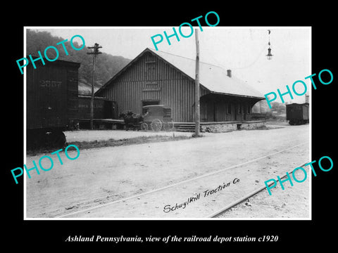 OLD LARGE HISTORIC PHOTO OF ASHLAND PENNSYLVANIA, THE RAILROAD DEPOT c1920