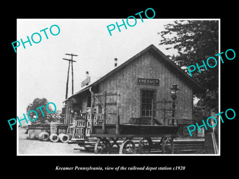 OLD LARGE HISTORIC PHOTO OF KREAMER PENNSYLVANIA, THE RAILROAD DEPOT c1920