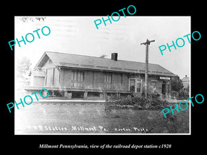 OLD LARGE HISTORIC PHOTO OF MILLMONT PENNSYLVANIA, THE RAILROAD DEPOT c1920