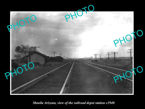 OLD LARGE HISTORIC PHOTO OF MANILA ARIZONA, THE RAILROAD DEPOT STATION c1940