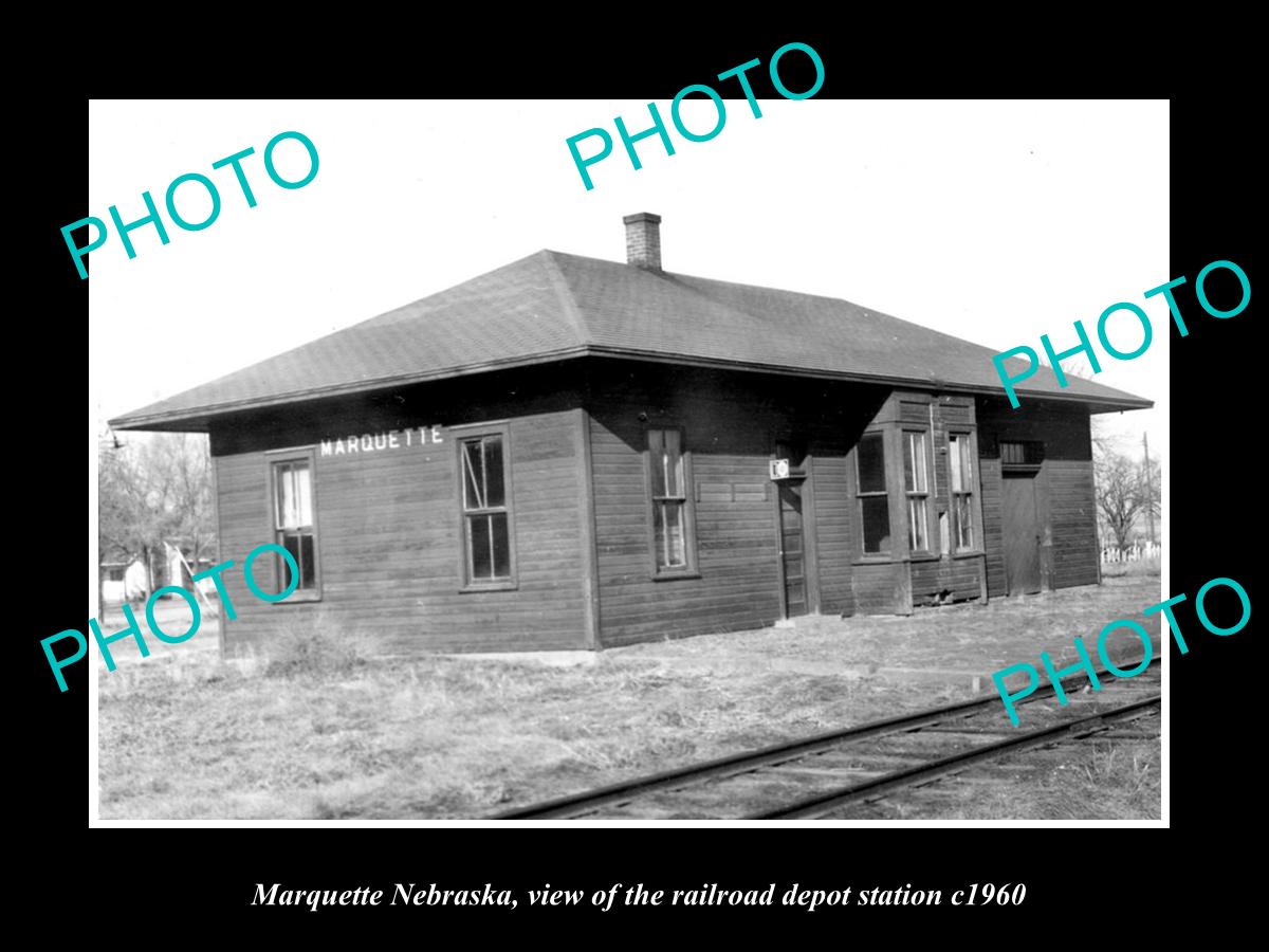 OLD LARGE HISTORIC PHOTO OF MARQUETTE NEBRASKA, THE RAILROAD DEPOT STATION c1960