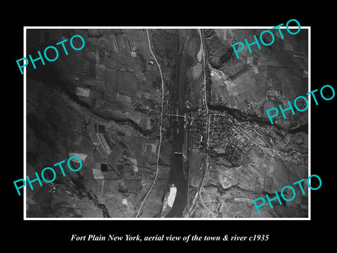 OLD LARGE HISTORIC PHOTO OF FORT PLAIN NEW YORK, AERIAL OF TOWN & RIVER c1935