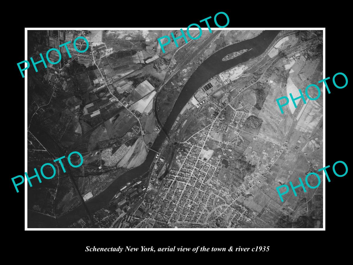 OLD LARGE HISTORIC PHOTO OF SCHENECTADY NEW YORK, AERIAL OF TOWN & RIVER 1935 1