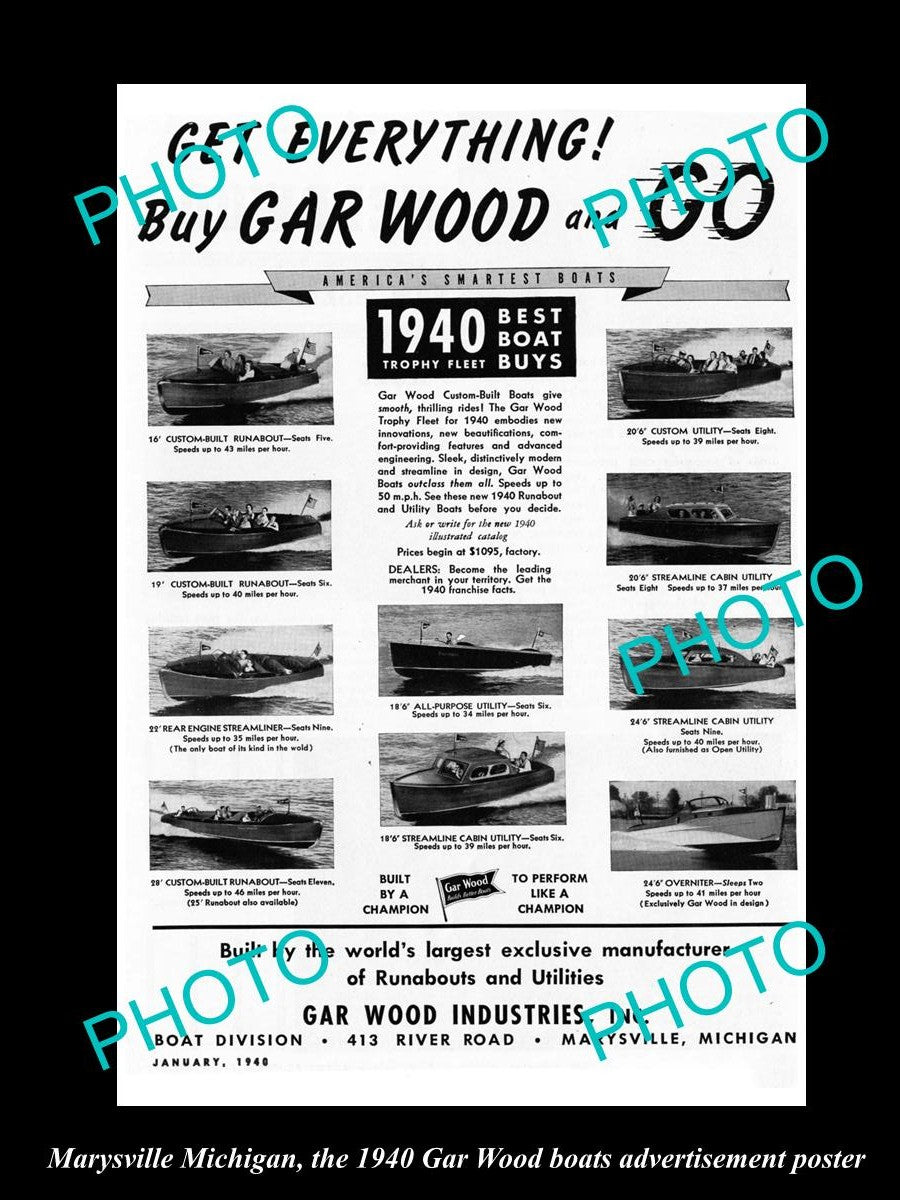 OLD LARGE HISTORIC PHOTO OF MARYSVILLE MICHIGAN, THE GAR WOOD BOAT POSTER c1940