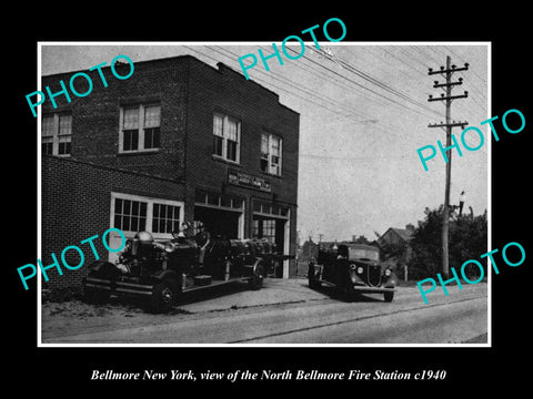 OLD LARGE HISTORIC PHOTO OF BELLMORE NEW YORK, THE FIRE DEPARTMENT STATION c1940