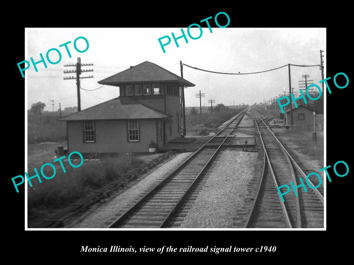 OLD LARGE HISTORIC PHOTO OF MONICA ILLINOIS, THE RAILROAD SIGNAL TOWER c1940