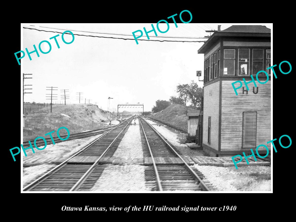 OLD LARGE HISTORIC PHOTO OF OTTAWA KANSAS, THE HU RAILROAD SIGNAL TOWER c1940