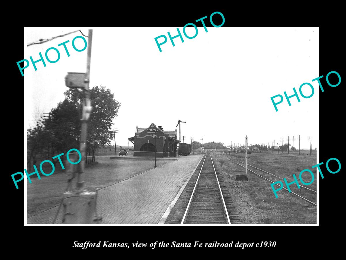 OLD LARGE HISTORIC PHOTO OF STAFFORD KANSAS, THE SANTE FE RAILROAD DEPOT c1930