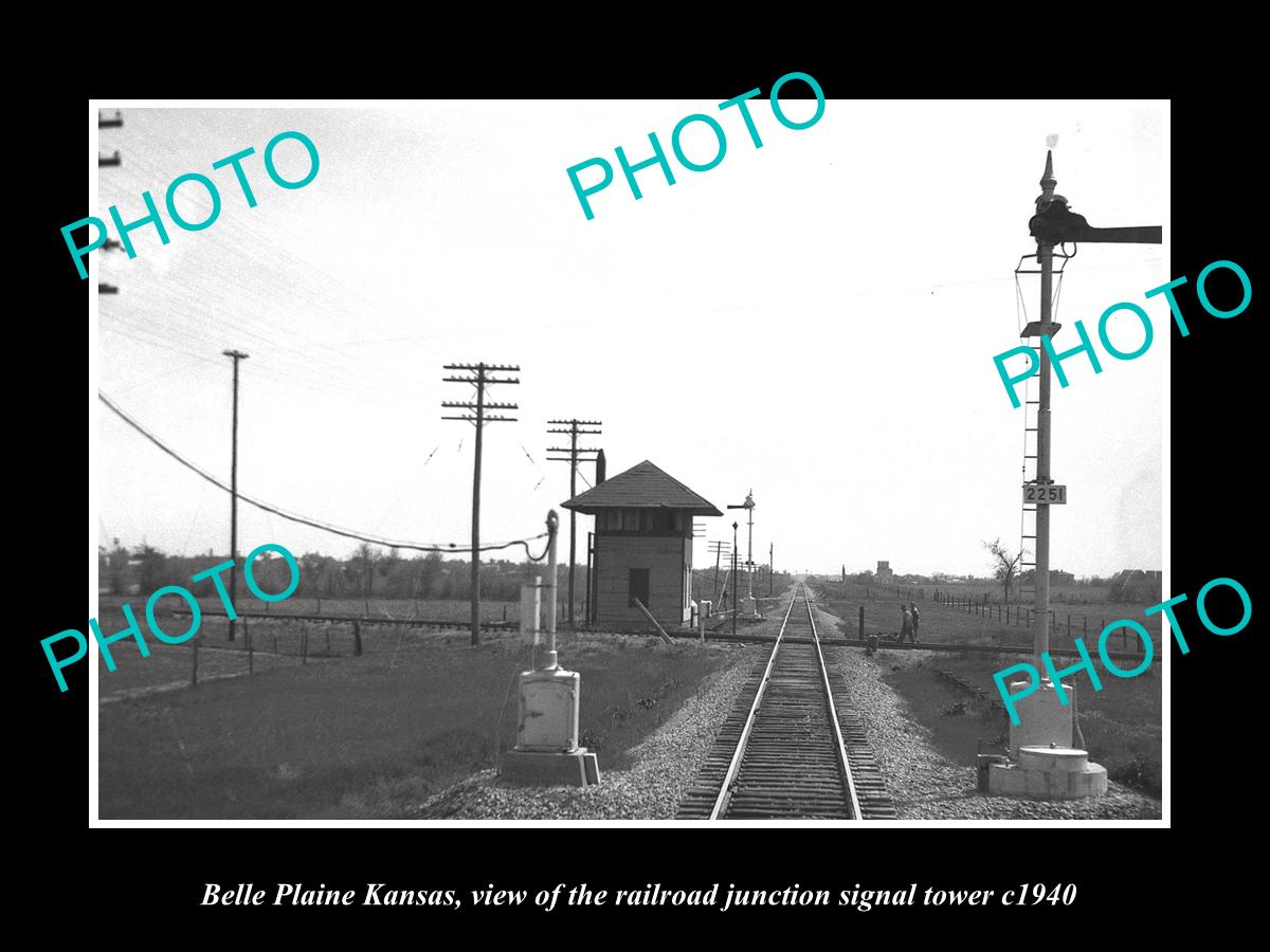 OLD LARGE HISTORIC PHOTO OF BELLE PLAINE KANSAS, THE RAILROAD SIGNAL TOWER c1940