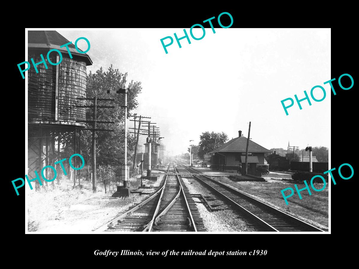 OLD LARGE HISTORIC PHOTO OF GODFREY ILLINOIS, THE RAILROAD DEPOT STATION c1930