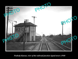 OLD LARGE HISTORIC PHOTO OF PEABODY KANSAS, JUNCTION RAILROAD SIGNAL TOWER c1940