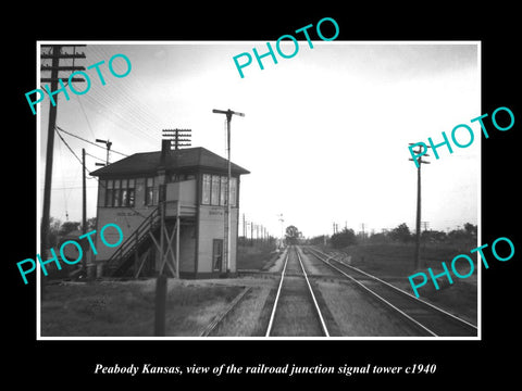 OLD LARGE HISTORIC PHOTO OF PEABODY KANSAS, JUNCTION RAILROAD SIGNAL TOWER c1940