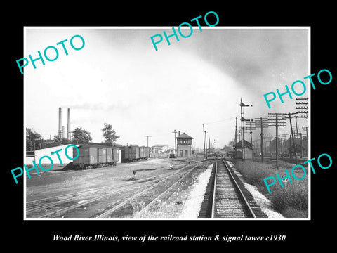 OLD LARGE HISTORIC PHOTO OF WOOD RIVER ILLINOIS, THE RAILROAD SIGNAL TOWER c1930