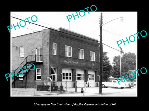 OLD LARGE HISTORIC PHOTO OF MASSAPEQUA NEW YORK, FIRE DEPARTMENT STATION c1960